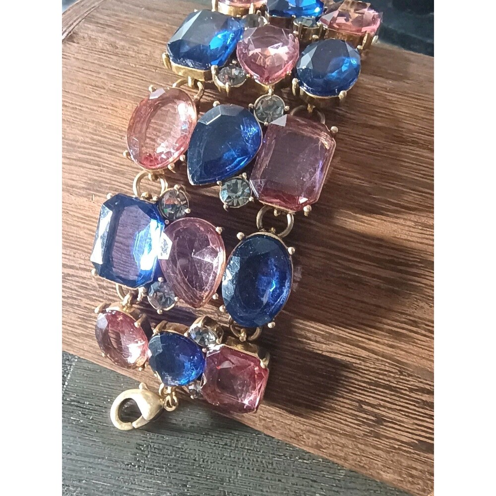 Graziano Blue Pink Clear Rhinestone Gold Tone Vintage Adjustable Bracelet - Picture 4 of 8